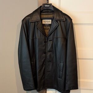 Wilsons Leather Men's Black Leather Trench Coat with Notch Collar